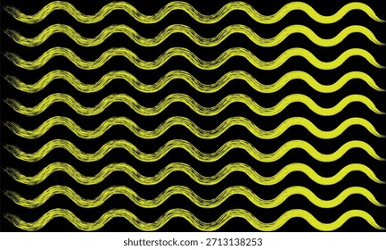 Abstractas patrón sin fisuras de líneas onduladas dibujadas a mano de color amarillo brillante sobre una textura de fondo negro sólido