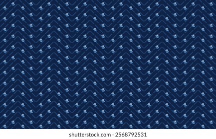 Abstract seamless pattern with broken herringbone line n daisy blossom, white n blue on dark blue background. Vector illustration. For masculine male shirt lady dress textile cover decoration all over