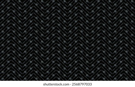 Abstract seamless pattern with broken herringbone n 4 leaves clover, brown n blue on black background. Vector illustration. For masculine male shirt lady dress textile cover decoration all over print