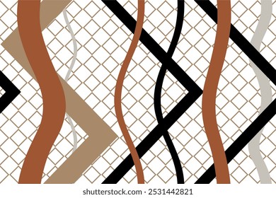 abstract seamless pattern with brown, black and gray wavy lines on a checkered grid background. Black and brown diagonal lines are also present