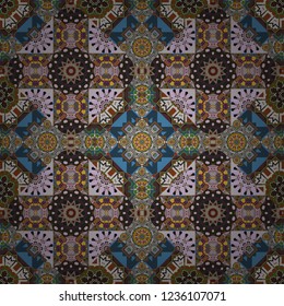 Abstract seamless pattern in brown, blue and gray colors. Square scraps in oriental style. Vector illustration. Ideal for printing on fabric or paper.