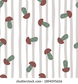 Abstract seamless pattern with brown colored mushroom silhouettes. Striped light background. Designed for fabric design, textile print, wrapping, cover. Vector illustration.