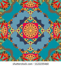 Abstract seamless pattern in brown, pink and blue colors. Square scraps in oriental style. Vector illustration. Ideal for printing on fabric or paper.