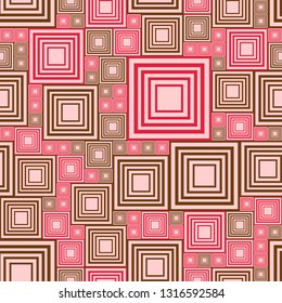 Abstract seamless pattern with a lot brown and red, scarlet squares on pink background. Template vector illustration pcb, electrical circuit or city blocks. Geometric layout different size rectangles.