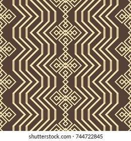 Abstract seamless pattern in brown and yellow colors. Endless geometric vector tracery with openwork elements