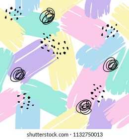 Abstract seamless pattern with brush strokes in memphis style. Hand drawn background for printing brochure, poster, party, summer print, vintage textile design, card. Pastel colors. Vector.