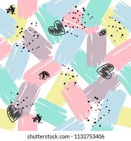 Abstract seamless pattern with brush strokes in memphis style with hearts. Hand drawn background for printing brochure, poster, party, Valentine's day, vintage textile, card. Pastel colors. Vector.