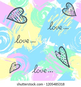 Abstract seamless pattern with brush strokes, Love lettering and hearts in memphis style. Pastel background for print, textile, flyer design, template, card, poster, brochure, Valentine's day. Vector.