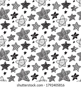 Abstract seamless pattern with Brush Strokes geometric star elements. Beautiful modern texture with chaotic painted shapes. Monochrome background for your design.