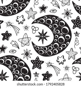 Abstract seamless pattern with Brush Strokes geometric star elements. Beautiful modern texture with chaotic painted shapes. Monochrome background for your design.