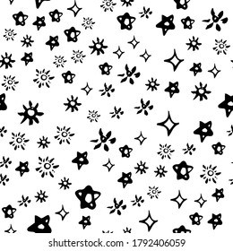 Abstract seamless pattern with Brush Strokes geometric star elements. Beautiful modern texture with chaotic painted shapes. Monochrome background for your design.