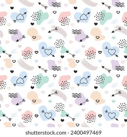 Abstract seamless pattern with brush strokes hearts and abstract shape in Memphis style. Hand drawn background for printing, fabric, Valentine's day, textile, card. Pastel colors. Vector