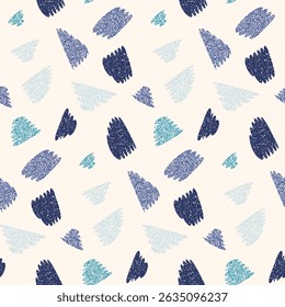 Abstractas patrón sin fisuras con pinceladas decoradas con puntos. Fondo de pantalla simple, impresión textil, diseño de superficie artística con manchas azules, manchas aisladas sobre fondo blanco. Ilustración vectorial.