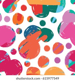 Abstract seamless pattern with brush strokes and bubbles. Vector hand drawn texture