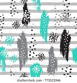 Abstract seamless pattern with brush strokes, spots and blobs, stripes. Vector illustration for fashion design. Hand painted texture. Good for fabric. 