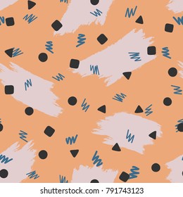 Abstract seamless pattern with brush strokes and geometric shapes. Grunge, sketch, watercolor. Modern vector illustration.