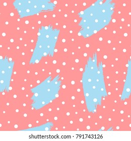 Abstract seamless pattern with brush strokes and round dots. Grunge, sketch, watercolor. Trendy vector illustration.