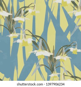 Abstract Seamless Pattern of a bunch of Daffodils in the Grassy Meadow. Vector Floral Illustration in a contemporary Style