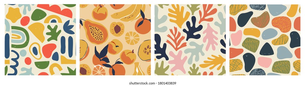Abstract seamless pattern bundle with natural shapes, random freehand matisse wallpaper collection. Trendy fashion background includes modern minimalist art, tropical fruit and exotic summer doodles. 