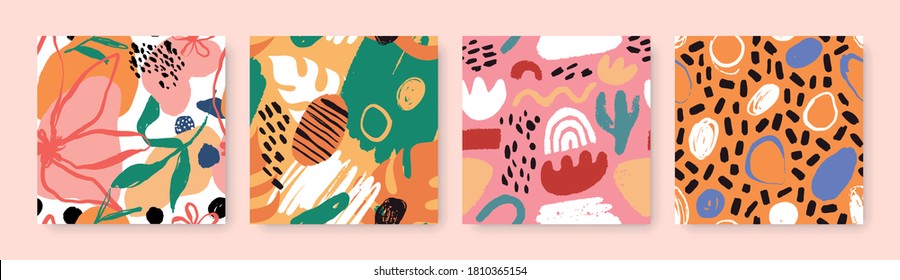 Abstract seamless pattern bundle with natural shapes, random freehand matisse wallpaper collection. Trendy fashion background includes modern minimalist art, summer flowers and childish doodles. 