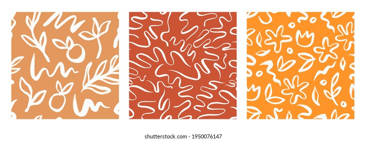 Abstract seamless pattern bundle with natural shapes, random freehand line scribble wallpaper collection. Trendy background includes modern minimalist art, tropical fruit and exotic summer doodle. 