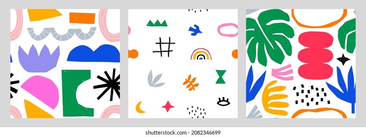 Abstract seamless pattern bundle with natural shapes, random freehand matisse wallpaper collection. Trendy fashion background includes modern minimalist art, tropical and exotic summer doodles. 