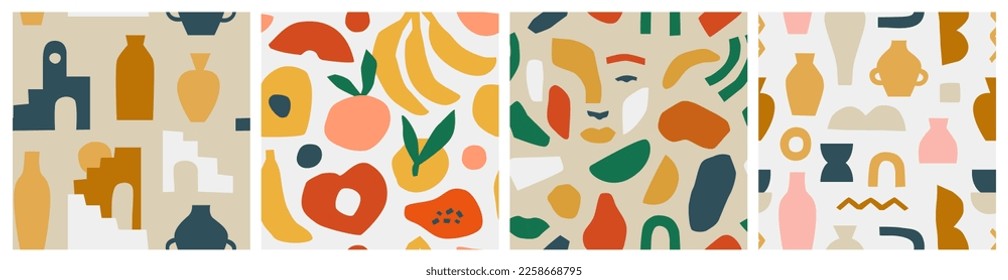 Resumen conjunto de patrones sin fisuras con formas naturales, colección aleatoria de fondo de pantalla de matisse a mano alzada. El moderno fondo de moda incluye arte moderno minimalista, frutas tropicales y doodles exóticos de verano. 