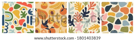 Abstract seamless pattern bundle with natural shapes, random freehand matisse wallpaper collection. Trendy fashion background includes modern minimalist art, tropical fruit and exotic summer doodles. 