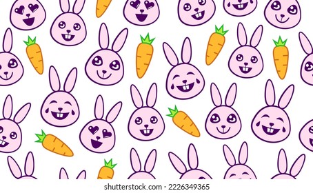 Abstract seamless pattern with bunnies and carrots. Rabbit pink smiling faces and orange carrots on white background, repeatable pattern.