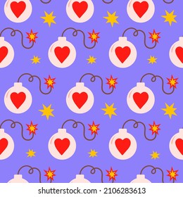 Abstract seamless pattern of a burning and ready to explode bombshell with heart and stars on blue background. Modern vector design  for Valentine Day
