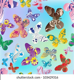 Abstract seamless pattern - butterflies with floral ornamental wings