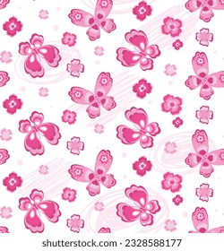 Abstract seamless pattern with butterflies, flowers. Floral ornament. Pink butterflies with flower on wing. Cartoon kids blossom print