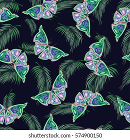 Abstract seamless pattern with butterflies and tropical leaves, vector