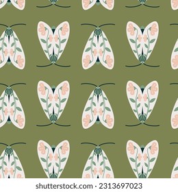 Abstract seamless pattern with butterflies. Vector folk art with moths on a green background. For fabric, t-shirt print, wallpaper, packaging