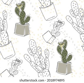 Abstract seamless pattern of cactus plants in continuous line drawing and coloring. Vector illustration.