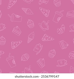 Abstract seamless pattern of cafe menu set: coffee, tea, juice, ice cream, pizza, cake, cupcake, croissant. Light pink outline stroke on dusty pink background vector illustration.