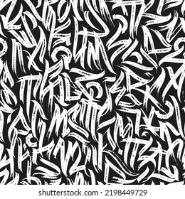 Abstract seamless pattern of calligraphic letters, grunge text print.