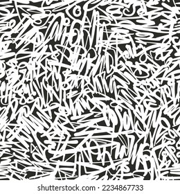 Abstract seamless pattern of calligraphic ornaments, grunge text print.