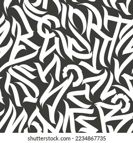 Abstract seamless pattern of calligraphic ornaments, grunge text print.