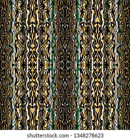Abstract seamless pattern with camouflaged marbled stripe shapes in yellow, olive, green, white and black earth tones.