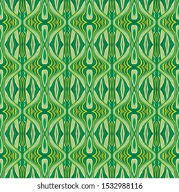 Abstract seamless pattern with camouflaged, mirrored organic and geometric shapes in olive, chartreuse, lime and green tones. Designed for fashion, fabric, home decor.