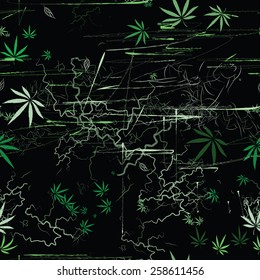 Abstract seamless pattern with cannabis leaves and cracks
