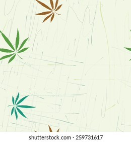 Abstract seamless pattern with cannabis leaves and scratches