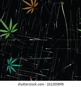 Abstract seamless pattern with cannabis leaves and scratches