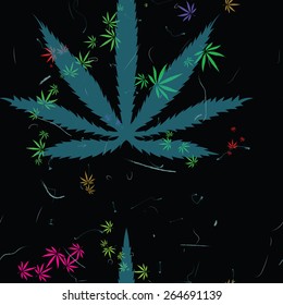 Abstract seamless pattern with cannabis leaves and scratches