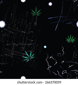 Abstract seamless pattern with cannabis leaves and scratches
