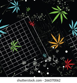 Abstract seamless pattern with cannabis leaves and scratches