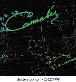 Abstract seamless pattern with cannabis leaves, scratches and word Cannabis