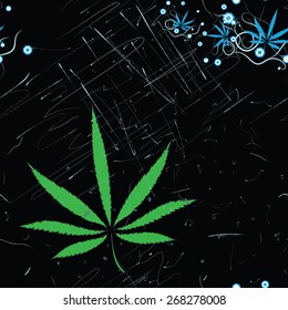 Abstract seamless pattern with cannabis leaves and scratches