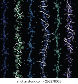 Abstract seamless pattern with cannabis leaves and barbed wire
